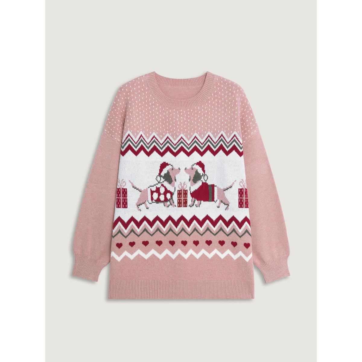 Plus Size Supersoft Holiday Pattern Drop Shoulder Pullover Lightpink Women Playful Loose Long Sleeve Round Neck Casual Pullovers BloomChic 18-20/2X Product Image