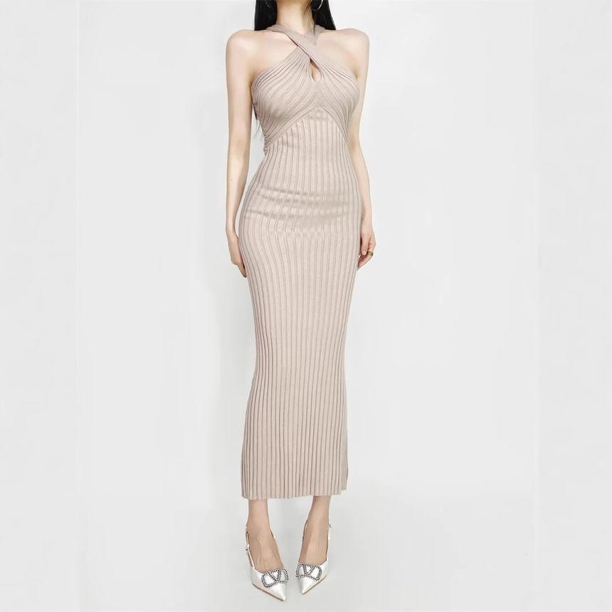 Halter Plain Ribbed Knit Maxi Sheath Dress Product Image