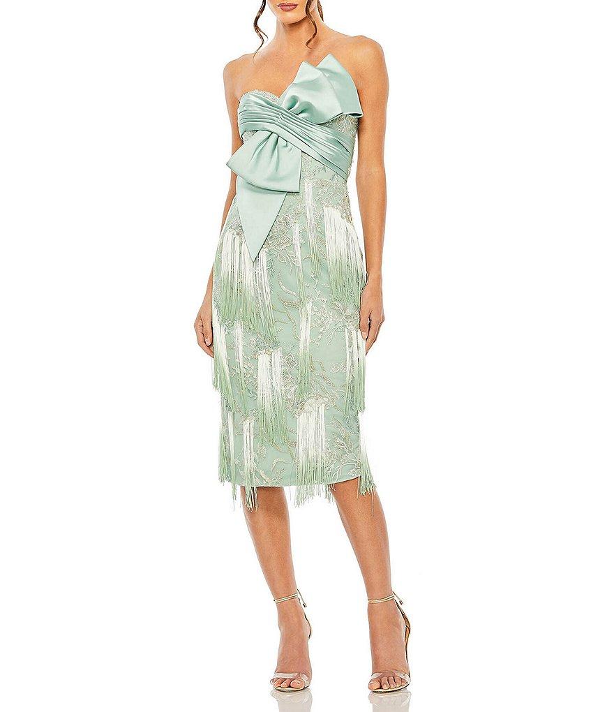 Mac Duggal Bow Front Ombre Fringe Embroidered Sheath Dress Product Image