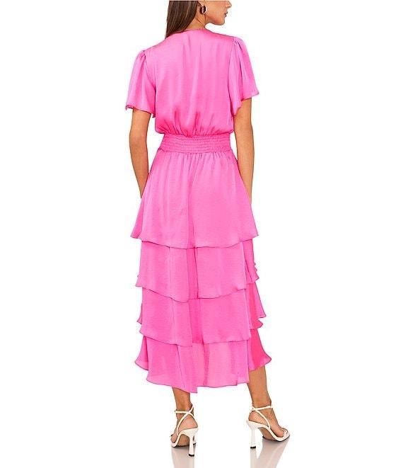 Vince Camuto Surplice V-Neck Short Flutter Sleeve Smocked Waist A-Line Tiered Midi Dress Product Image