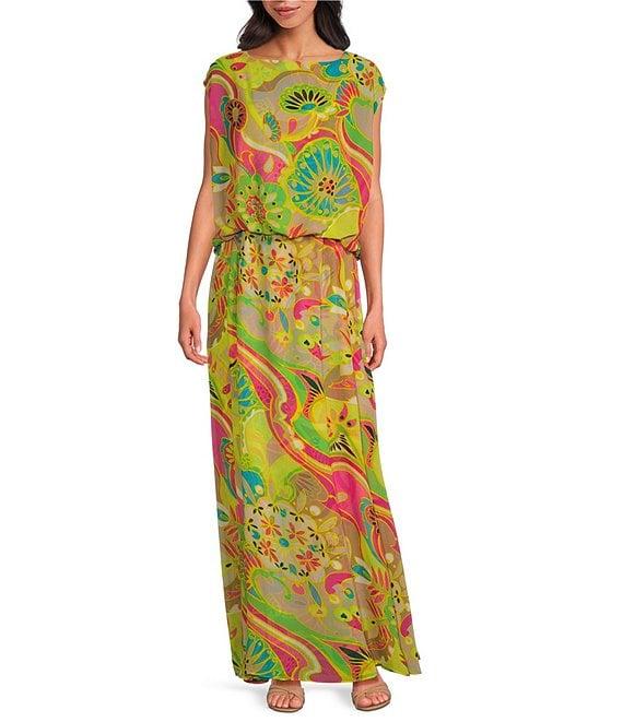 Trina Turk Vantage Printed Georgette Boat Neck Sleeveless Blouson Maxi Dress Product Image