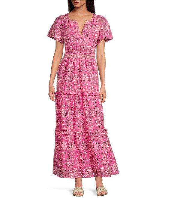 Sugarlips Viridiana Floral Eyelet Palmer V-Neck Short Sleeve Tiered Maxi Dress Product Image