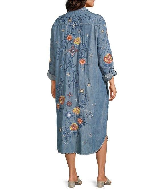 John Mark Plus Size Floral Embroidered Long Roll-Tab Sleeve Button Front Shirt Dress Product Image