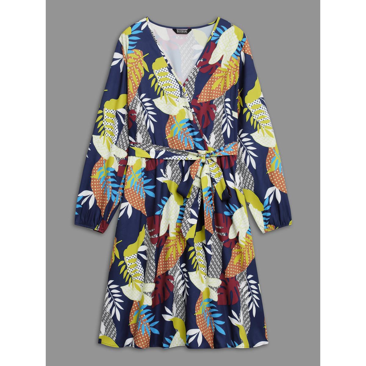 Plus Size Surplice Neck Tropical Leaf Pockets Midi Dress DarkBlue Women Elegant Belted Overlap Collar Long Sleeve Curvy BloomChic 22-24/3X Product Image