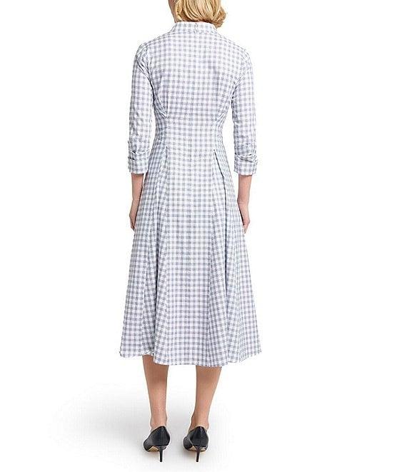 MISOOK Plaid Print Mandarin Split V-Neck 3/4 Sleeve Fit-And-Flare Midi Dress Product Image