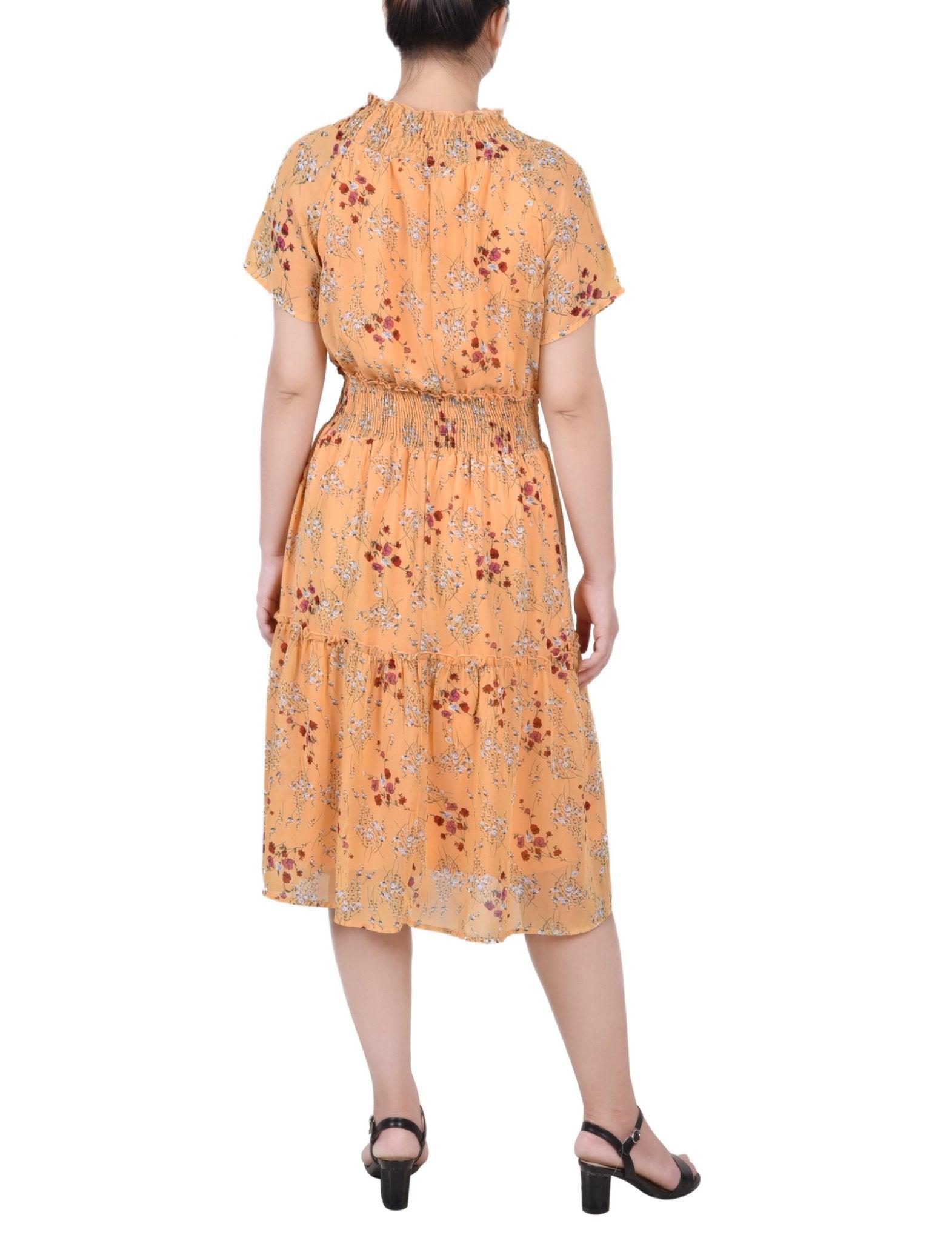 Gold Disty Floral Short Sleeve Smocked Waist Dress Product Image