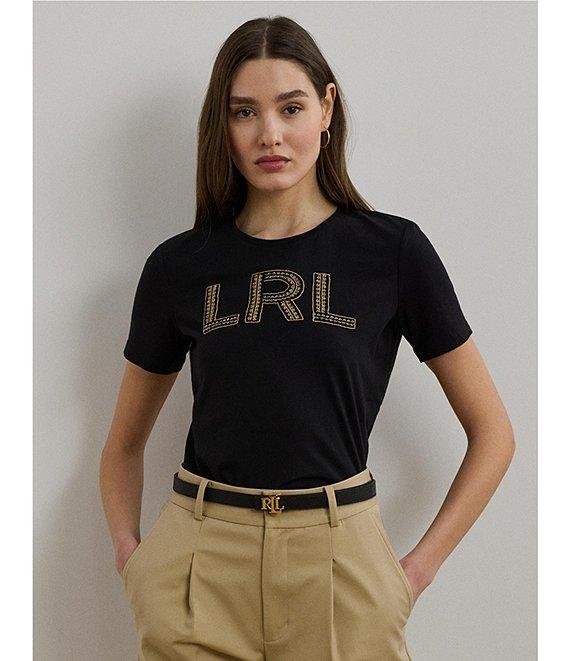 Lauren Ralph Lauren Petite Size Soft Jersey Cotton Crew Neck Short Sleeve Beaded Logo Tee Product Image