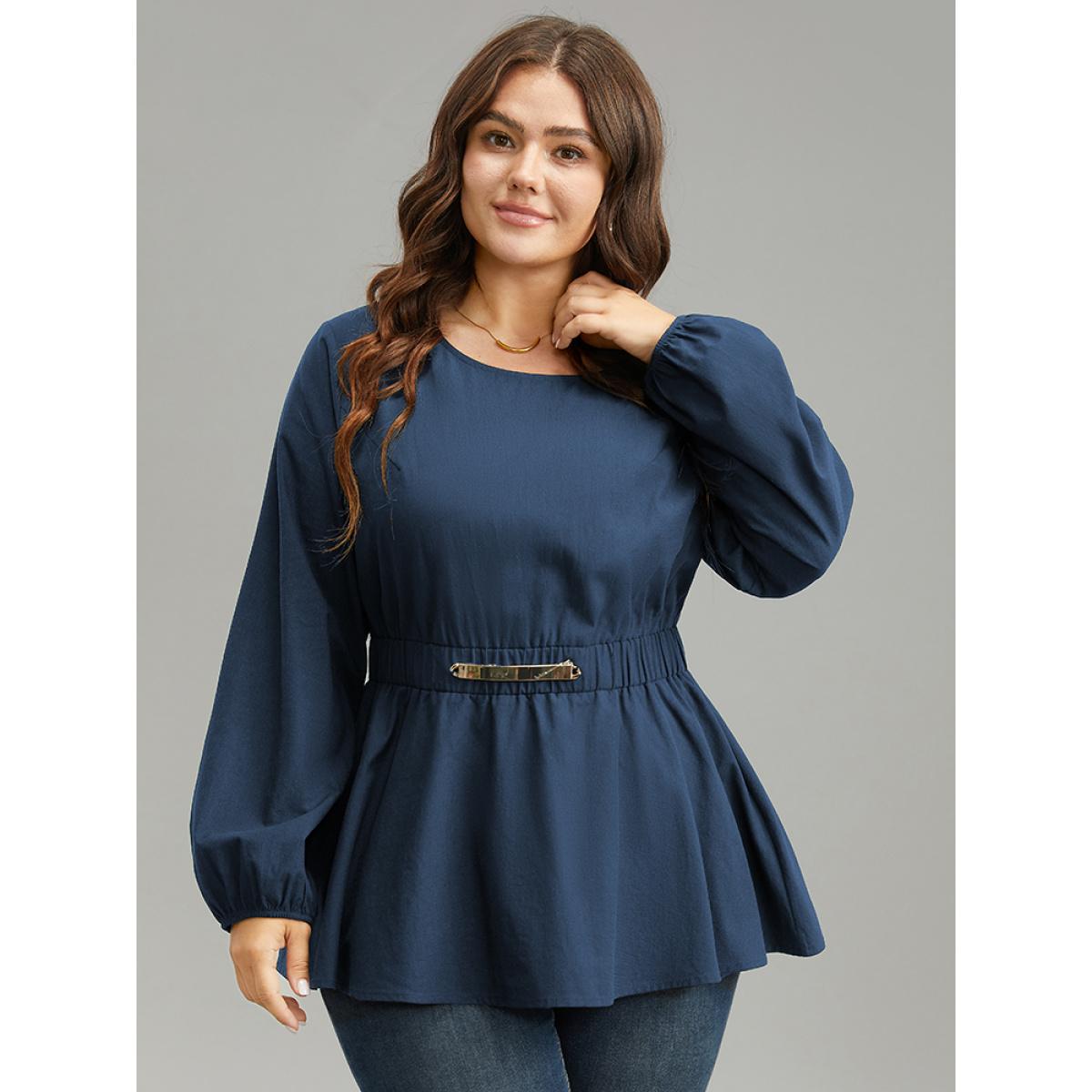 Plus Size Indigo Cotton Solid Metal Detail Lantern Sleeve Blouse Women Office Long Sleeve Round Neck Office Blouses BloomChic 14-16/1X Product Image