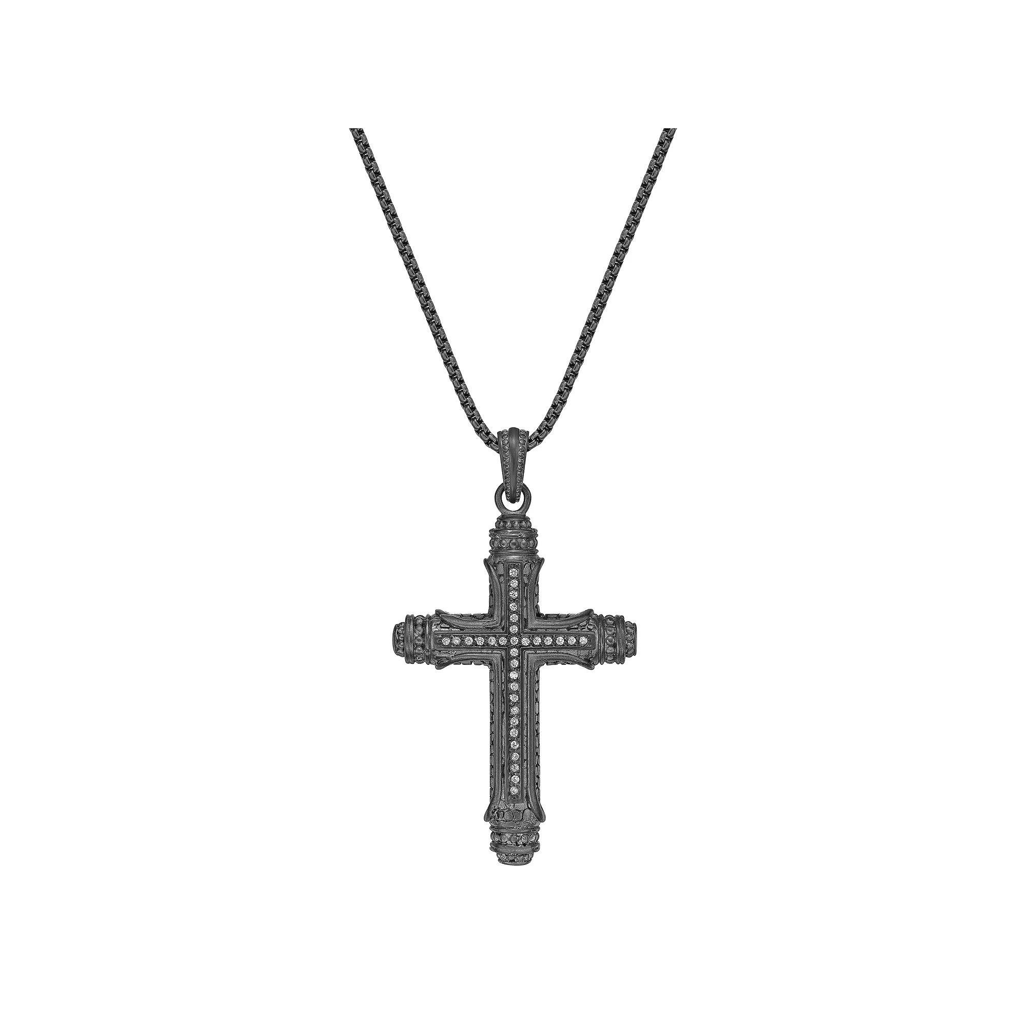 LYNX Men's Stainless Steel Cubic Zirconia Cross Pendant Necklace, Size: 24", Grey Product Image