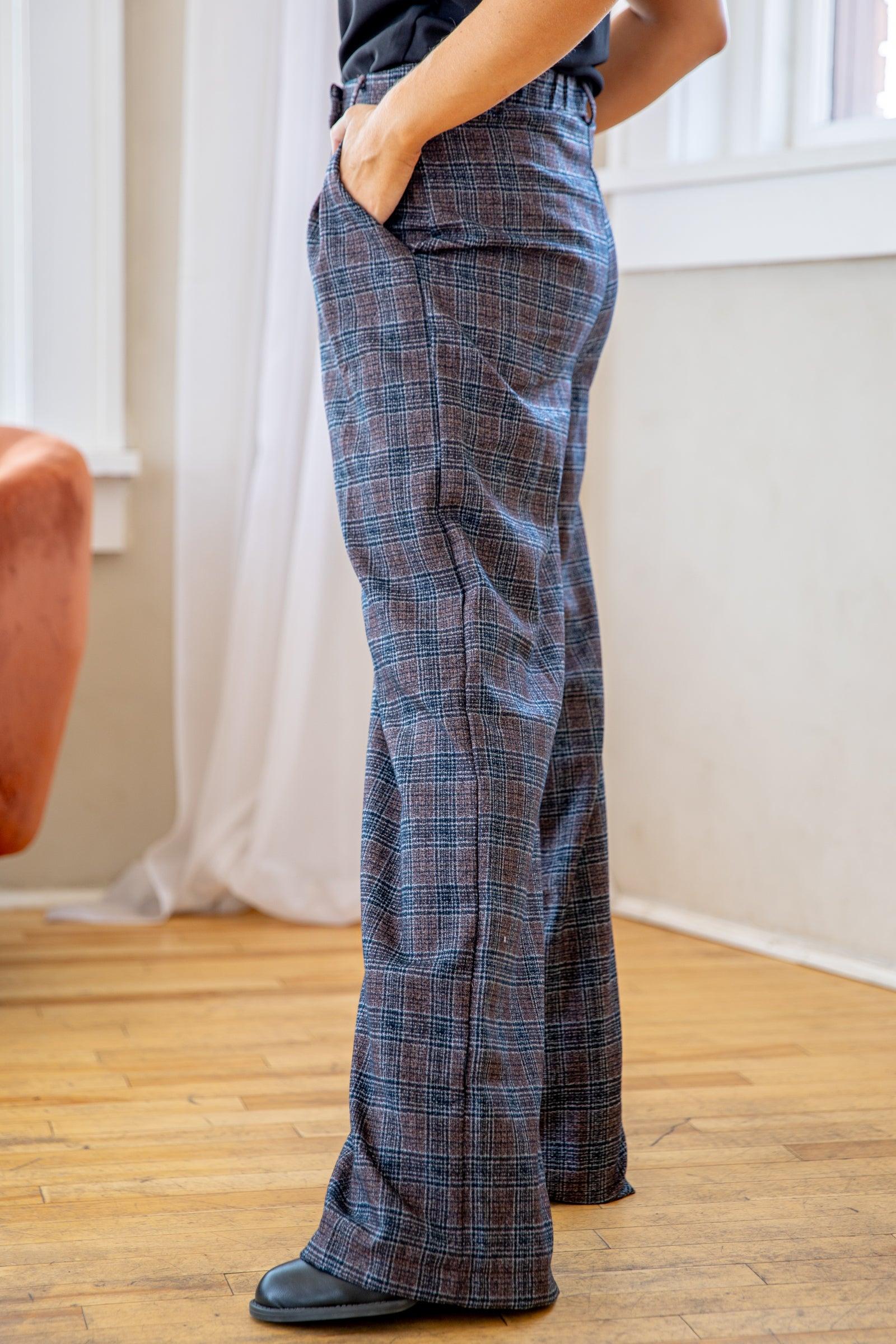 Brown and Navy Plaid Wide Leg Trousers Product Image
