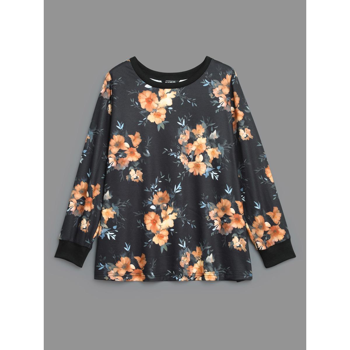 Plus Size Round Neck Natural Flowers Slightly Stretchy Sweatshirt Women Black Elegant Contrast Round Neck Everyday Sweatshirts BloomChic 22-24/3X Product Image