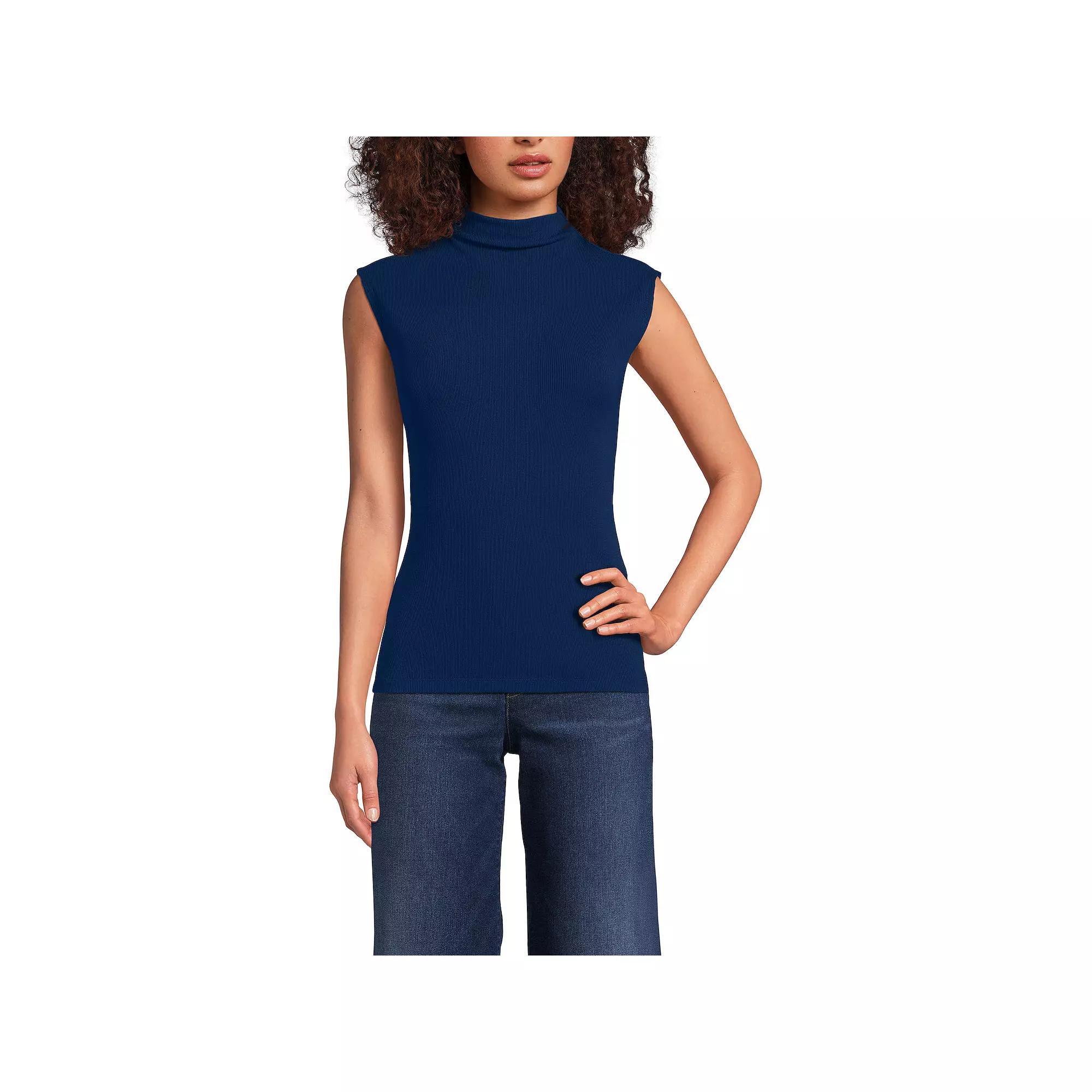 Womens Lands' End Sleeve Drapey Ribbed Fitted Funnel Neck Tank Top, Women's,  Product Image