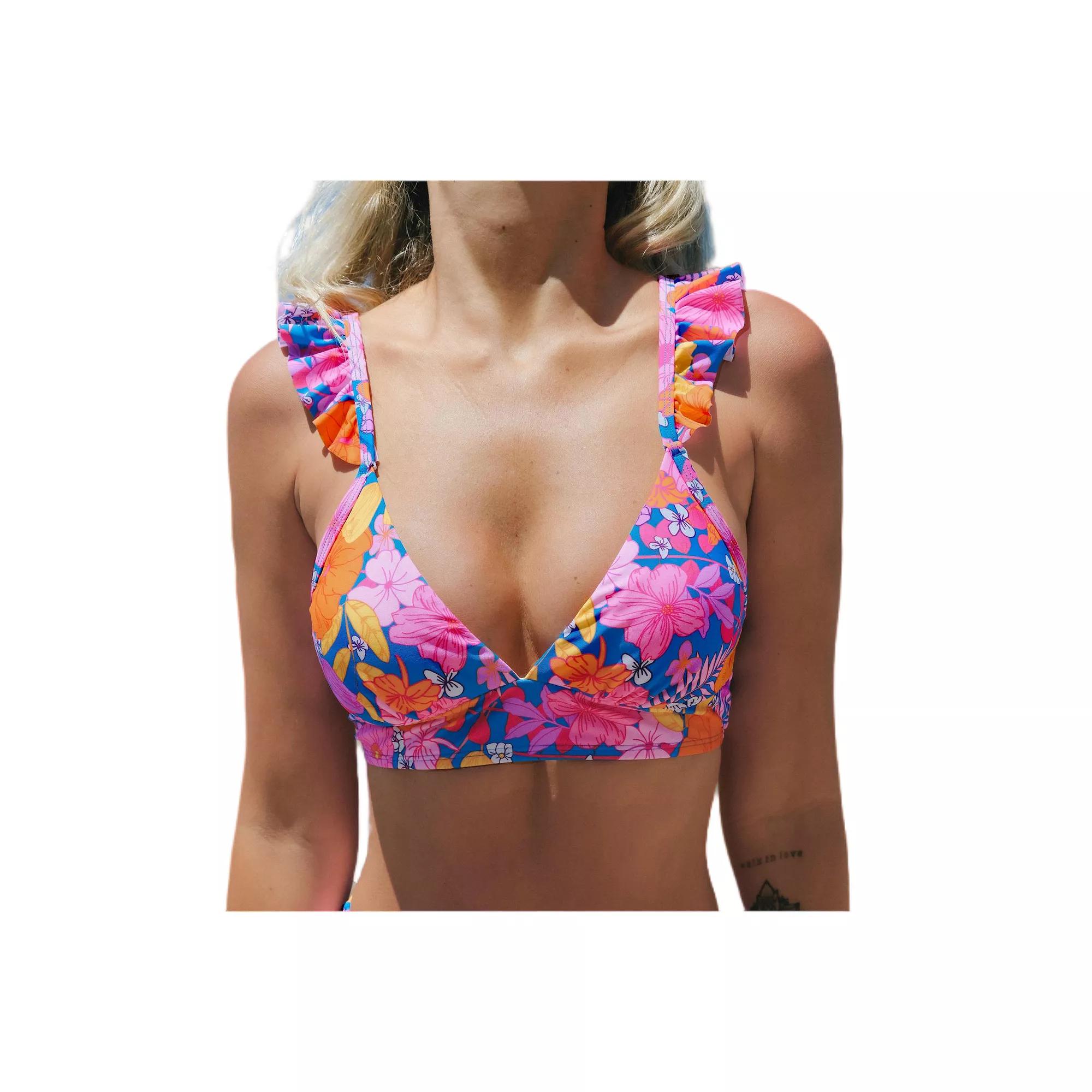 Women's Cupshe Floral Ruffle Sleeve Bralette Swim Top, Size: Large, Vibrant Floral Product Image