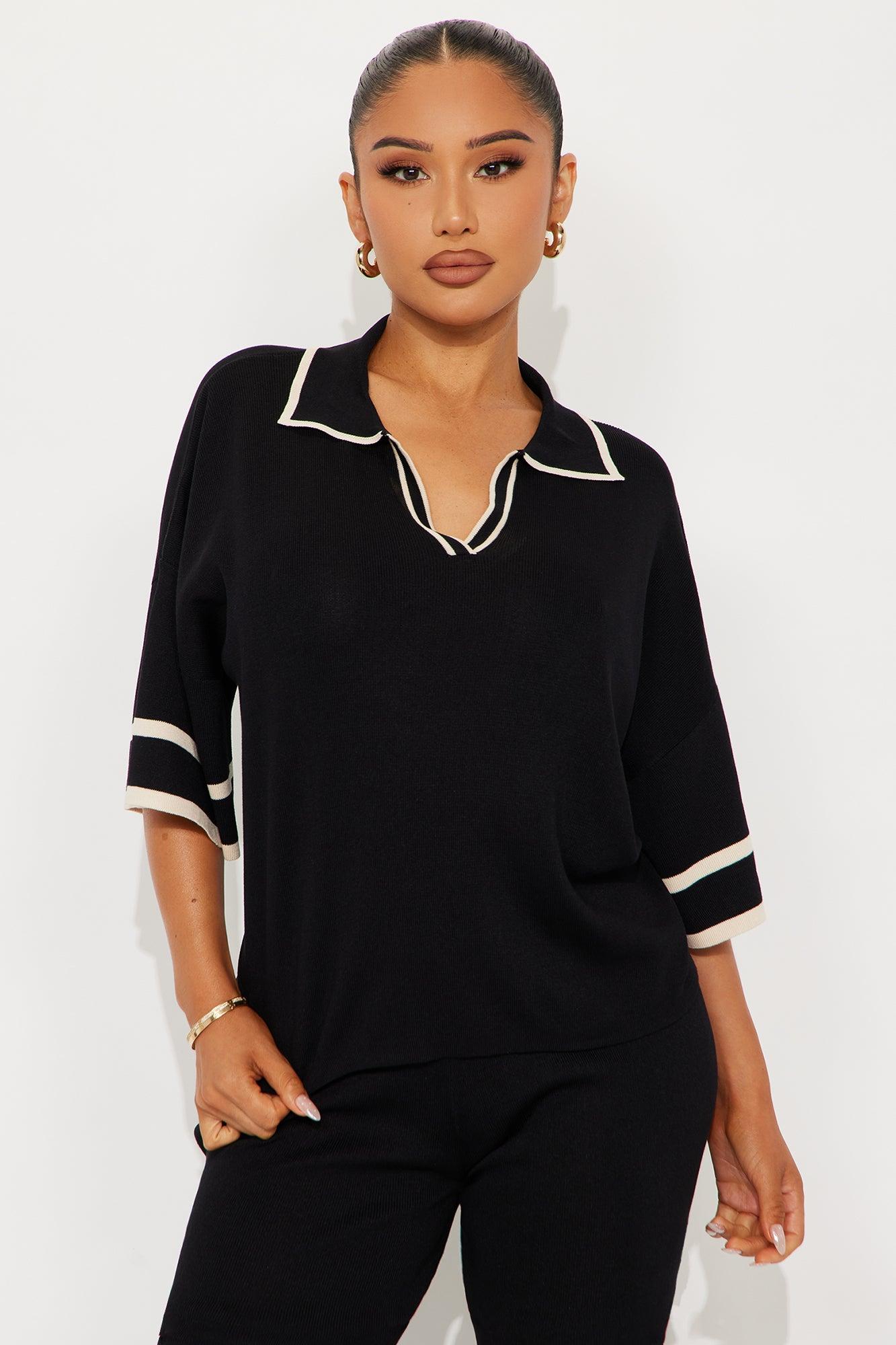 Sarah Sweater Knit Polo Pant Set - Black Product Image