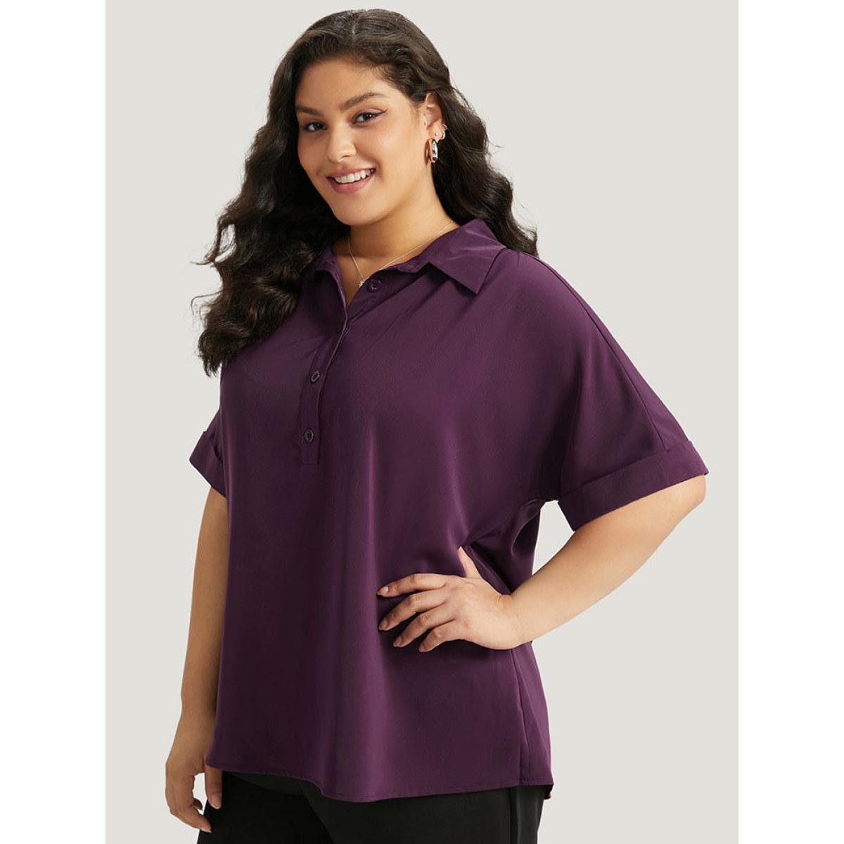 Plus Size Purple Anti-Wrinkle Shirt Collar Button Up Roll Sleeve Blouse Women Office Short sleeve Shirt collar Work Blouses BloomChic 14-16/1X Product Image
