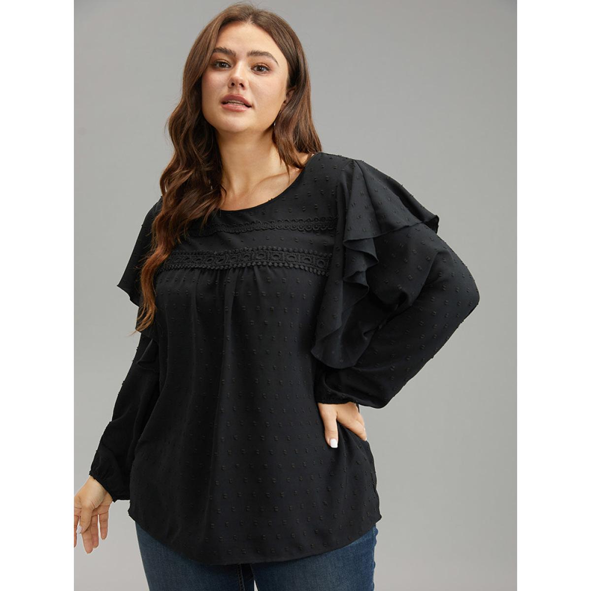 Plus Size Black Solid Contrast Lace Tiered Ruffles Blouse Women Elegant Long Sleeve Round Neck Dailywear Blouses BloomChic 12/L Product Image