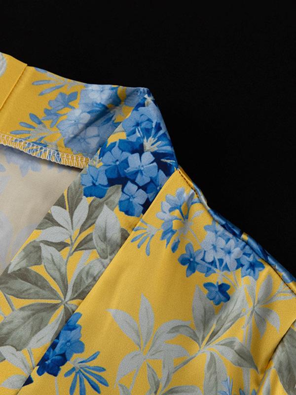 Loose Printed Split-Joint Deep V-Neck Lace-Up Blouse + Drawstring Elasticity Pants Trousers Two Pieces Set Product Image