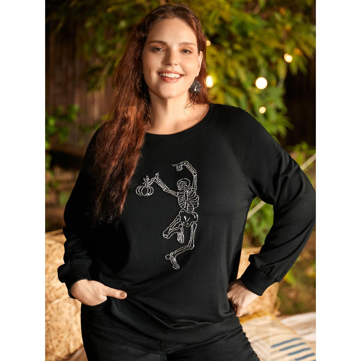 Plus Size Skull Embellished Raglan Sweatshirt Women Black Casual Patchwork Loose Round Neck Everyday Sweatshirts BloomChic 26/4X Product Image