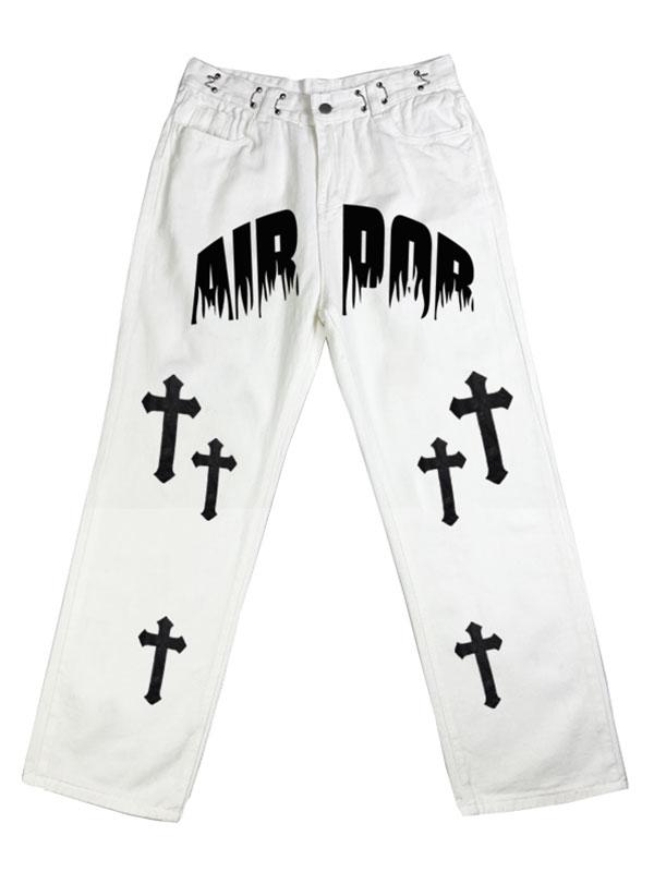 Men's White Wash Cross Pattern Straight Leg Jeans Product Image