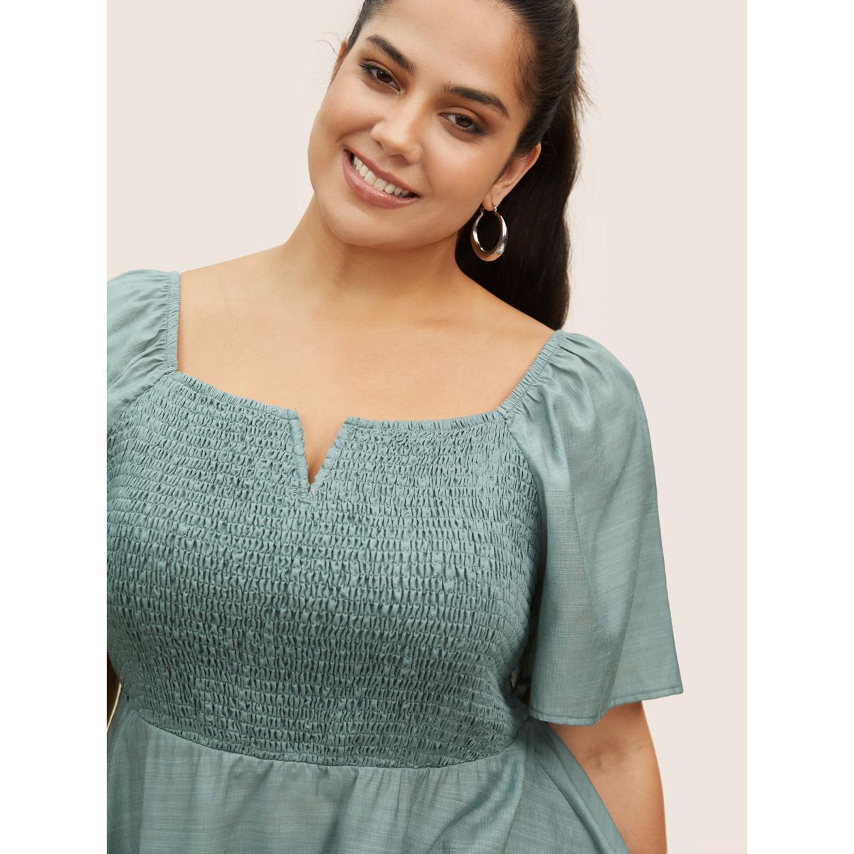 Plus Size Emerald Notched Collar Shirred Ruffle Sleeve Blouse Women Casual Half Sleeve Notched collar Everyday Blouses BloomChic 10/M Product Image