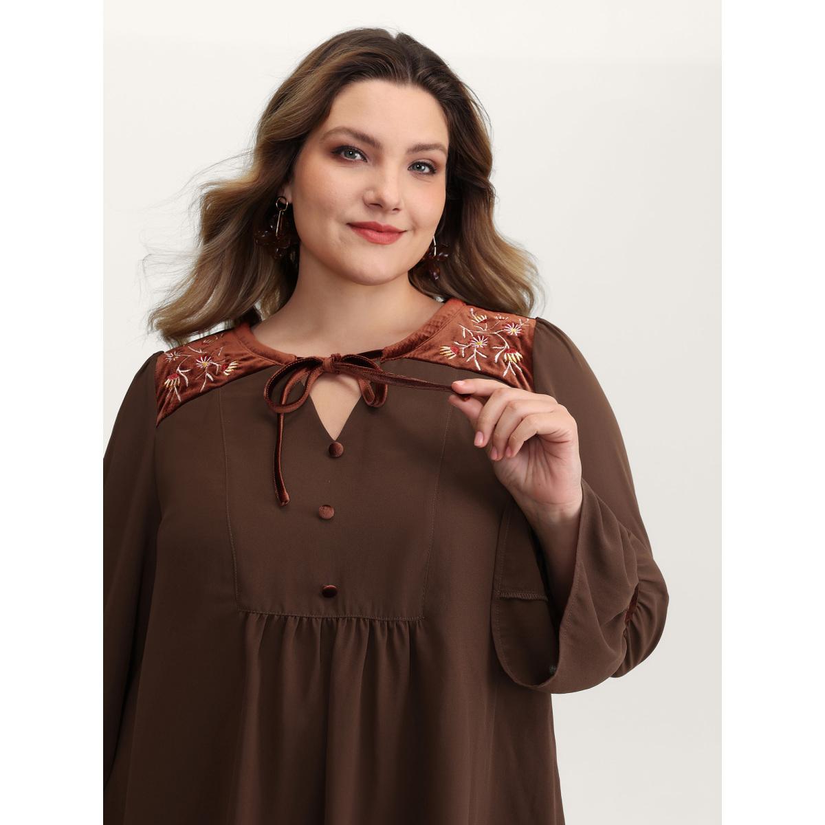 Plus Size Browncoffeecolor Embroidered Pleated Ruffled Sleeve Blouse Women Boho Long Sleeve Flat collar with V-notch Vacation Blouses BloomChic 30/6X Product Image