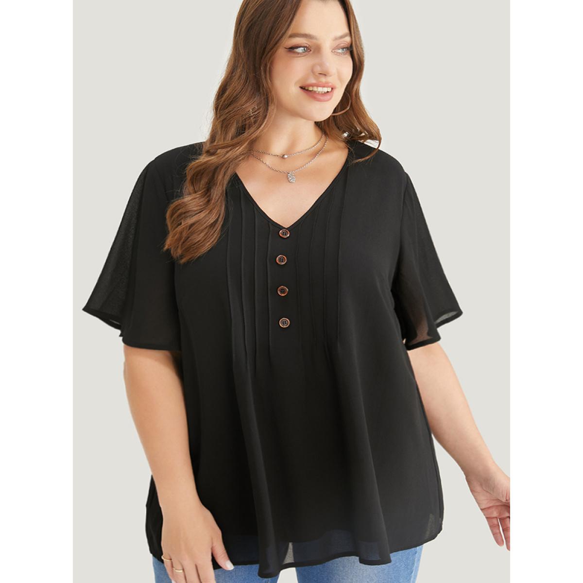 Plus Size Black Plain V Neck Mesh Ruffle Sleeve Button Detail Blouse Women Casual Short sleeve V-neck Office Blouses BloomChic 10/M Product Image