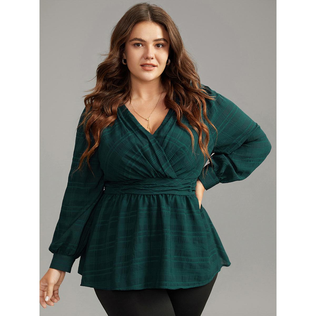 Plus Size DarkGreen Plaid Wrap Ruched Lantern Sleeve Blouse Women Office Long Sleeve V-neck Office Blouses BloomChic 28/5X Product Image