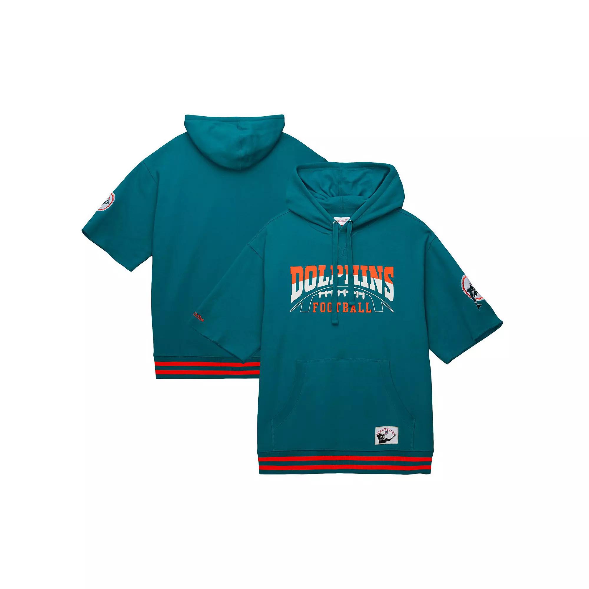 Men's Mitchell & Ness Aqua Miami Dolphins Pre-Game Short Sleeve Pullover Hoodie,  Product Image