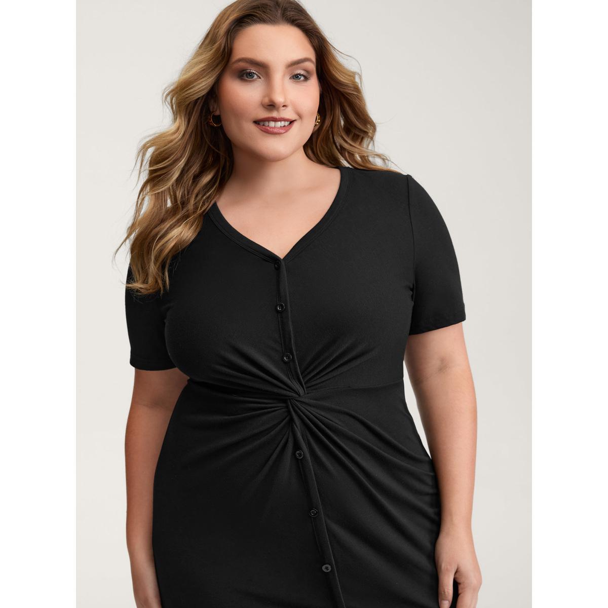 Plus Size Twist Front Button Slit Midi Dress Black Women Timeless V-neck Short sleeve Curvy BloomChic 22-24/3X Product Image