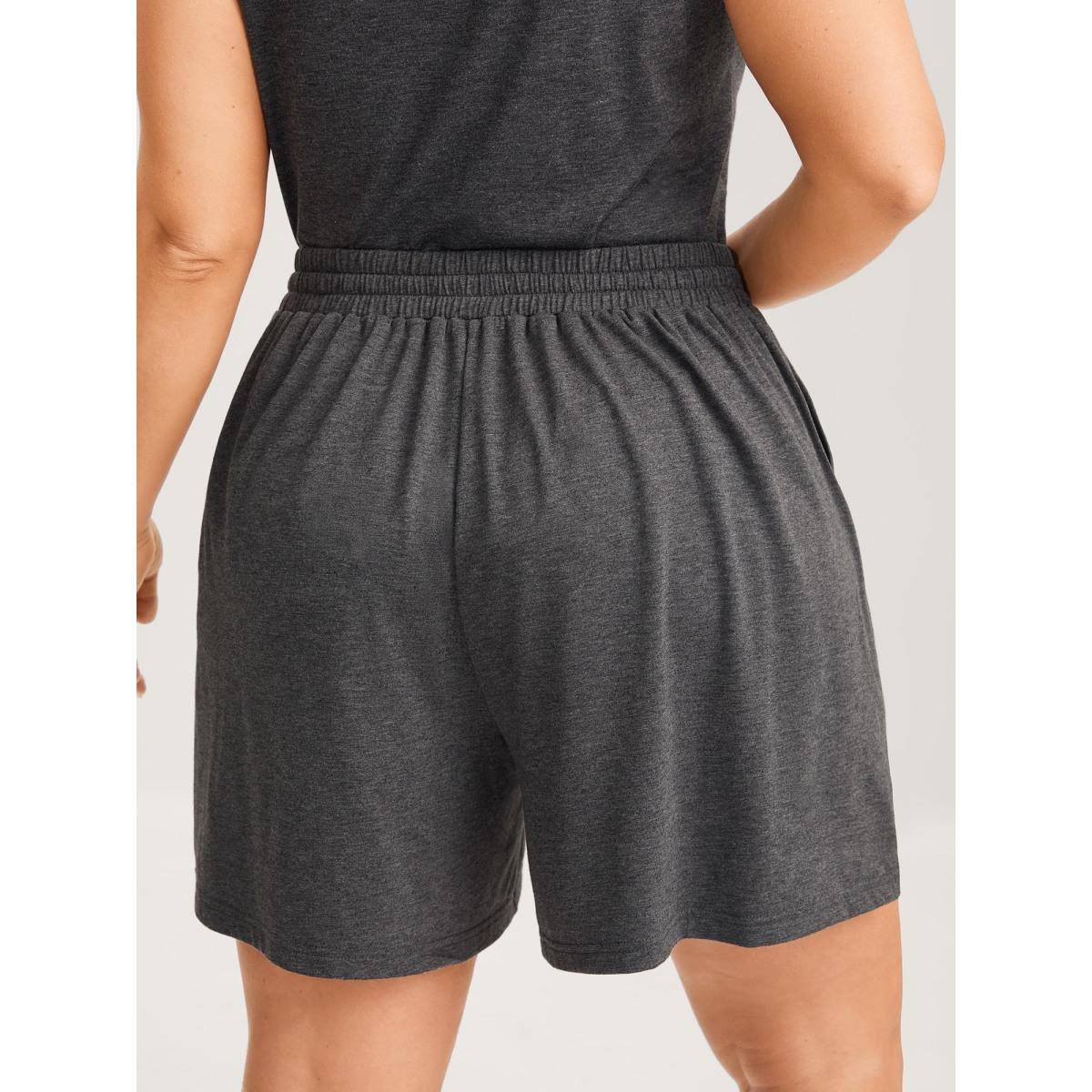 Plus Size Supersoft Contrast Drawstring Mixed Knit Shorts Women DimGray Leisure Drawstring Straight Leg Casual Shorts BloomChic 26/4X Product Image