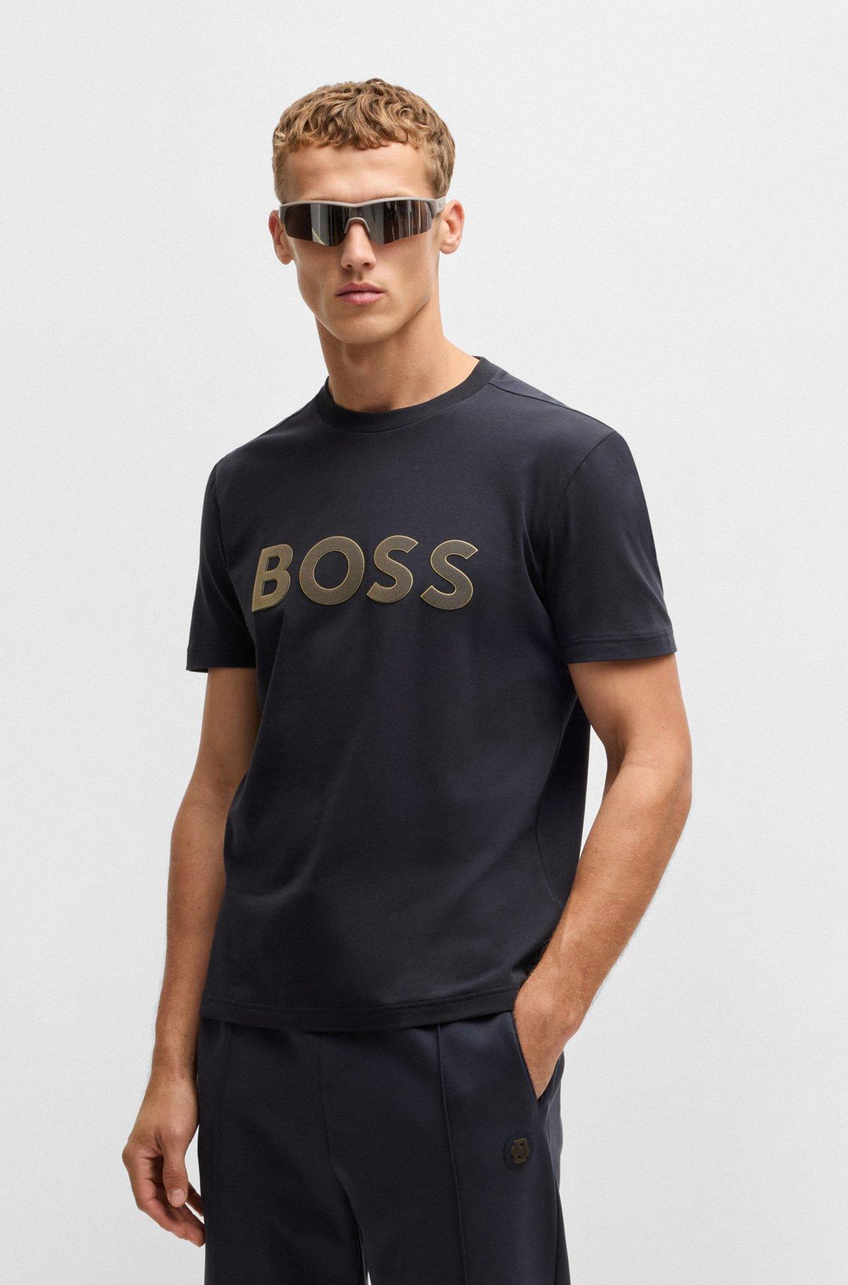 BOSS - Stretch-cotton T-shirt with large logo - Dark Blue Product Image
