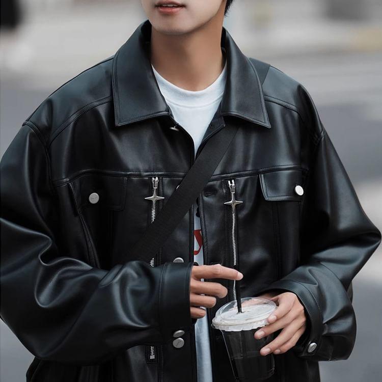 Collared Plain Zipped Button-Up Faux Leather Jacket Product Image