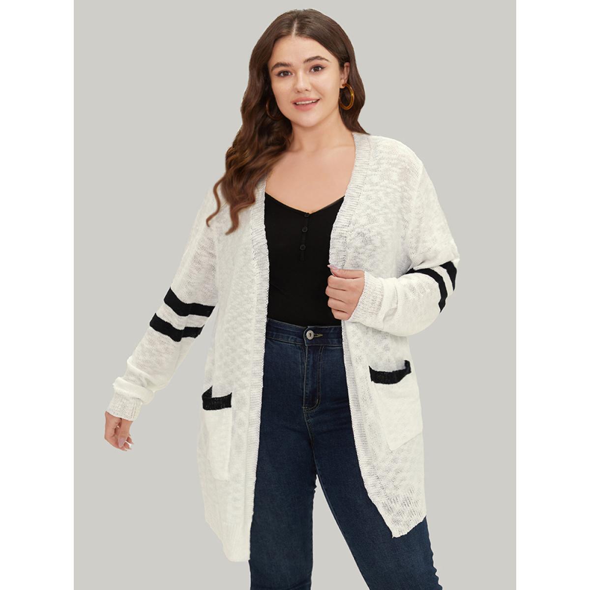 Plus Size Contrast Patched Pocket Open Front Cardigan White Women Casual Loose Long Sleeve Everyday Cardigans BloomChic 12/L Product Image