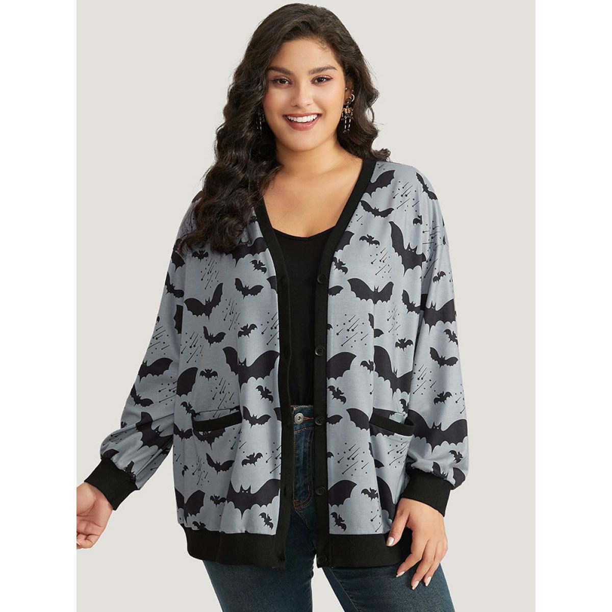 Plus Size Halloween Bat Print Pocket Button Up Rib Knit Coat Women DarkGray Casual Elastic cuffs Ladies Dailywear Winter Coats BloomChic 26/4X Product Image