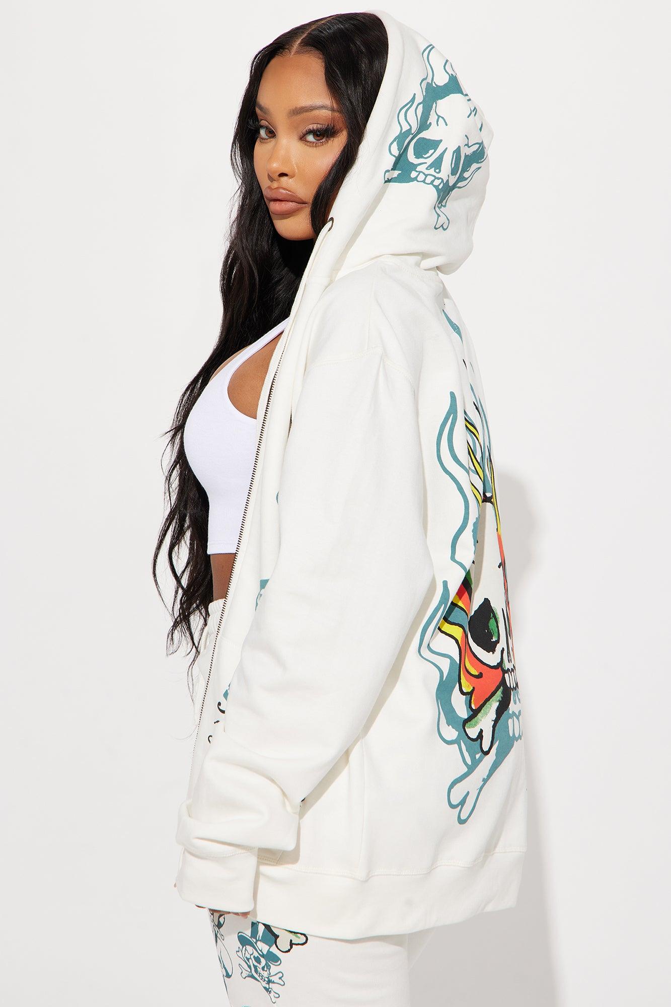 Ed Hardy On Fire Zip Front Hoodie - Ivory Product Image
