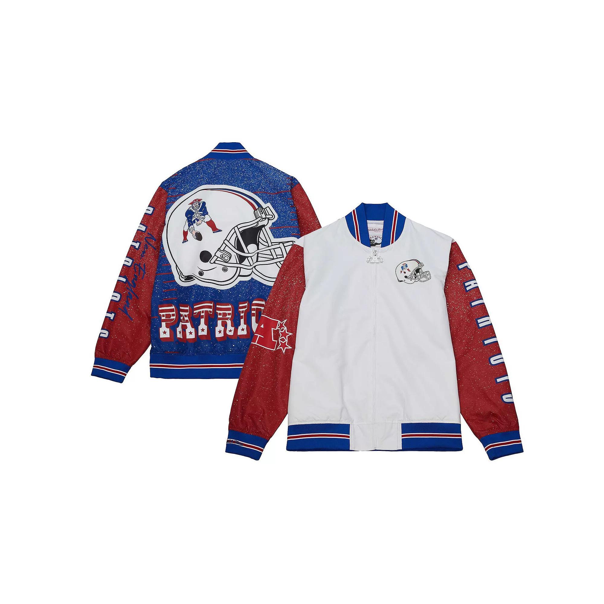 Men's Mitchell & Ness White New England Patriots Team Burst Warm-Up Full-Zip Jacket,  Product Image