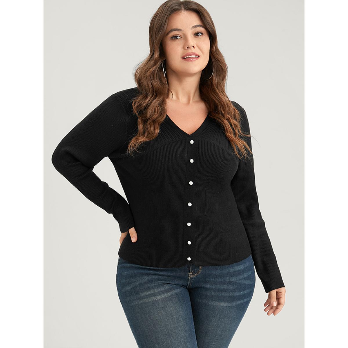 Plus Size Plain Rib Knit Button Front Knit Top Black Women Elegant Skinny Long Sleeve V-neck Dailywear Pullovers BloomChic 12/L Product Image