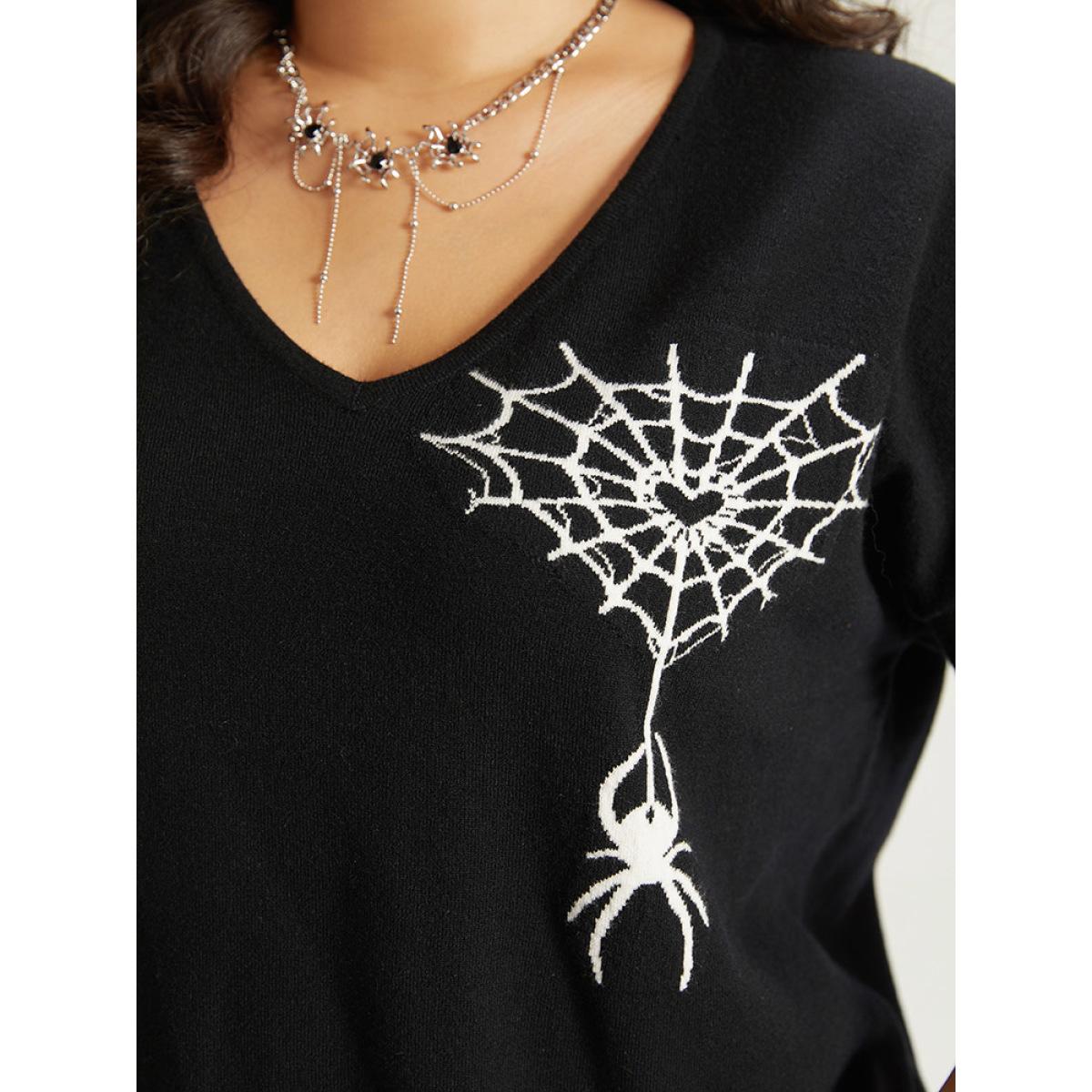 Plus Size Halloween Supersoft Essentials Spider Web Print Contrast Trim Pullover Black Women Casual Loose Long Sleeve V-neck Festival-Halloween Pullovers BloomChic 28/5X Product Image