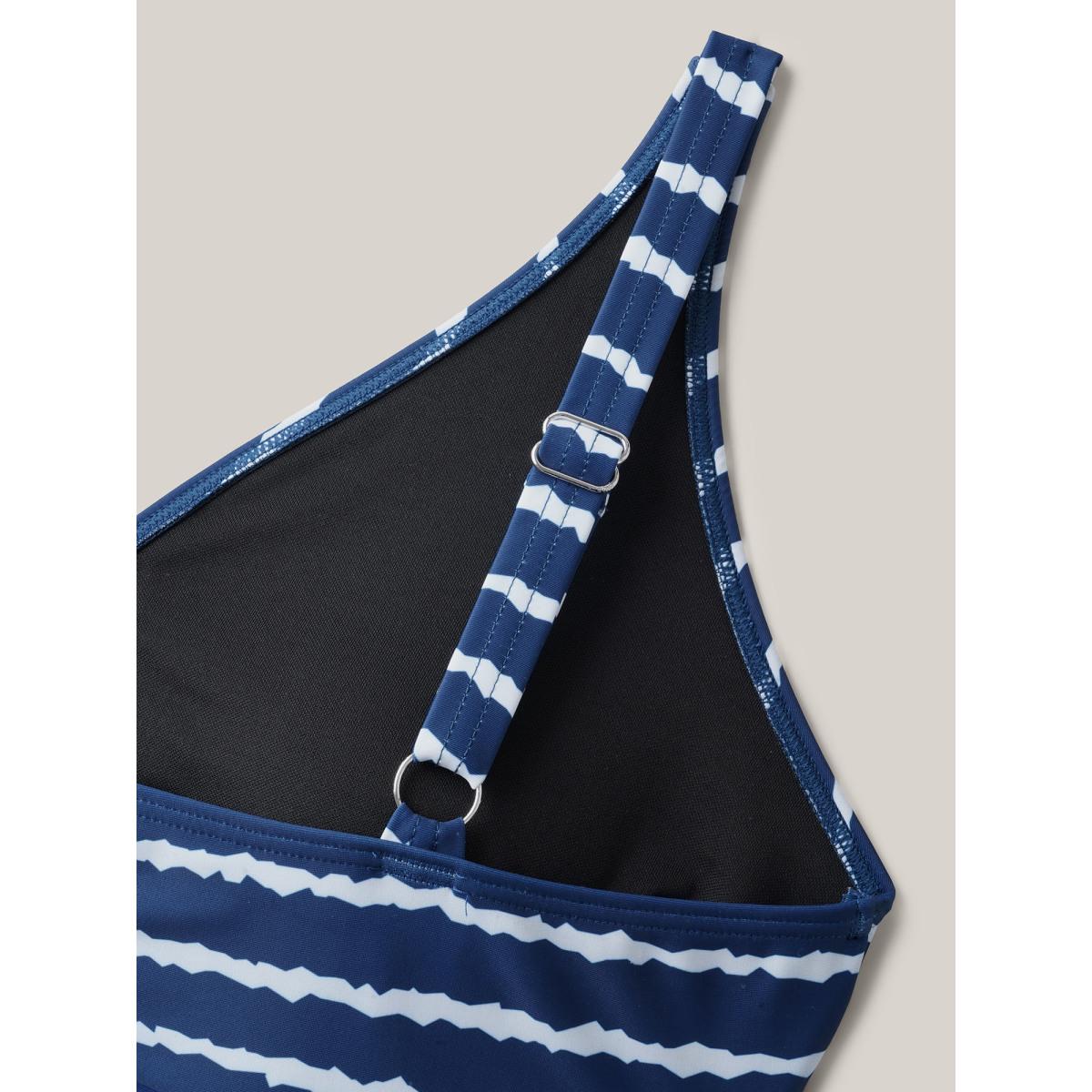 Plus Size Stripes Spliced Ruched Swim Top Women's Swimwear Indigo Beach Gathered High stretch Skinny Overlap Collar Curve Swim Tops BloomChic 28/5X Product Image