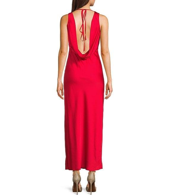 Midnight Doll Satin V-Neck Sleeveless Back Drape Dress Product Image