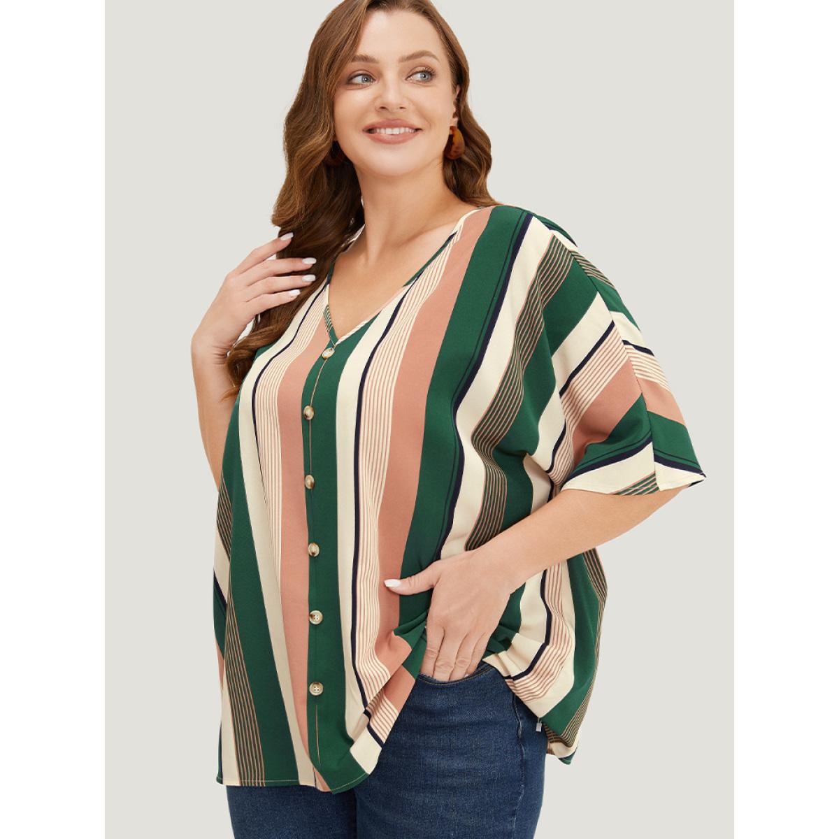 Plus Size Multicolor Striped Print Button Detail Batwing Sleeve Blouse Women Vacation Half Sleeve V-neck Dailywear Blouses BloomChic 10/M Product Image