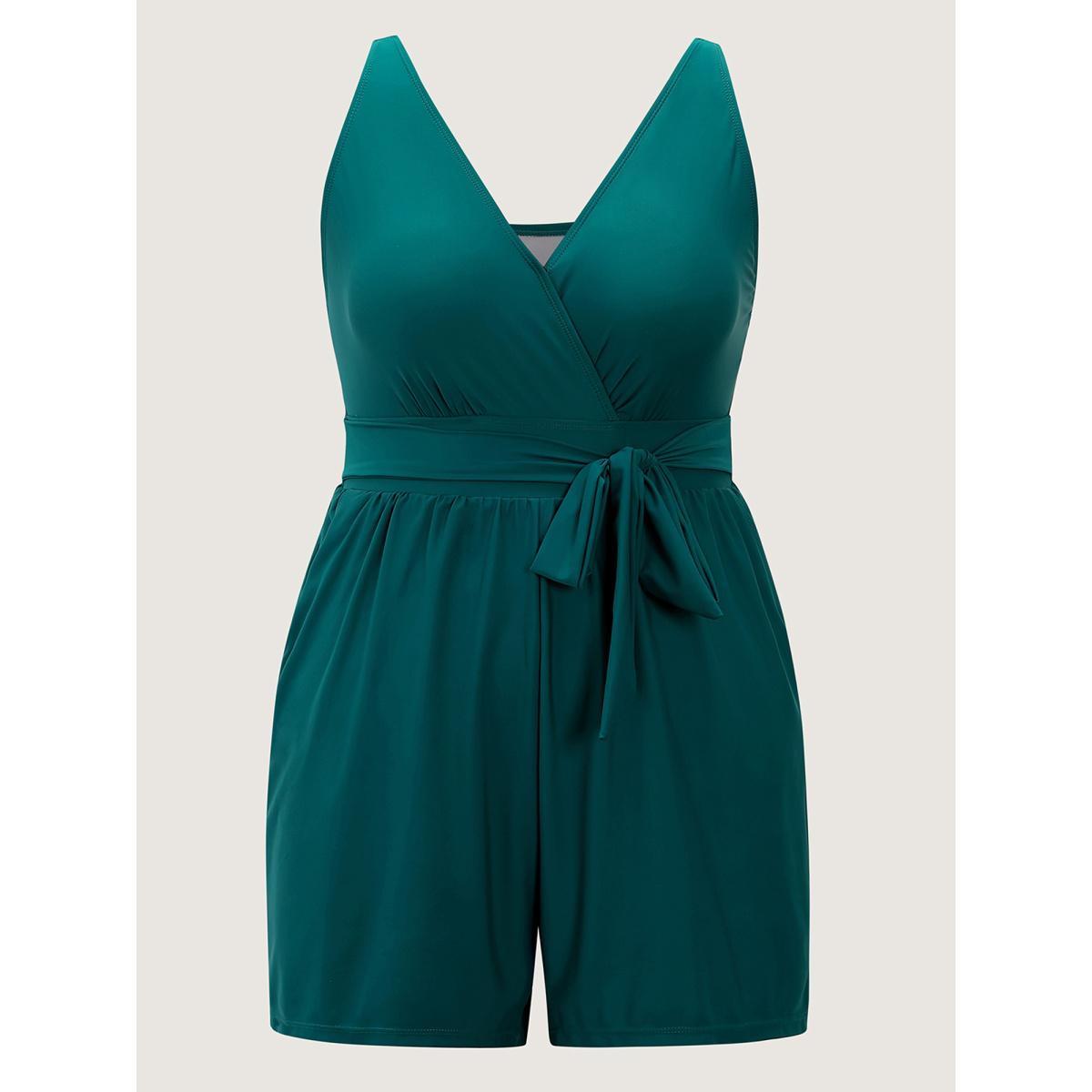 Plus Size Surplice Neckline Belted Plain One-Piece Swimsuit Women's Swimwear Cyan Resort Tie knot Curve Bathing Suits High stretch One Pieces BloomChic 10/M Product Image