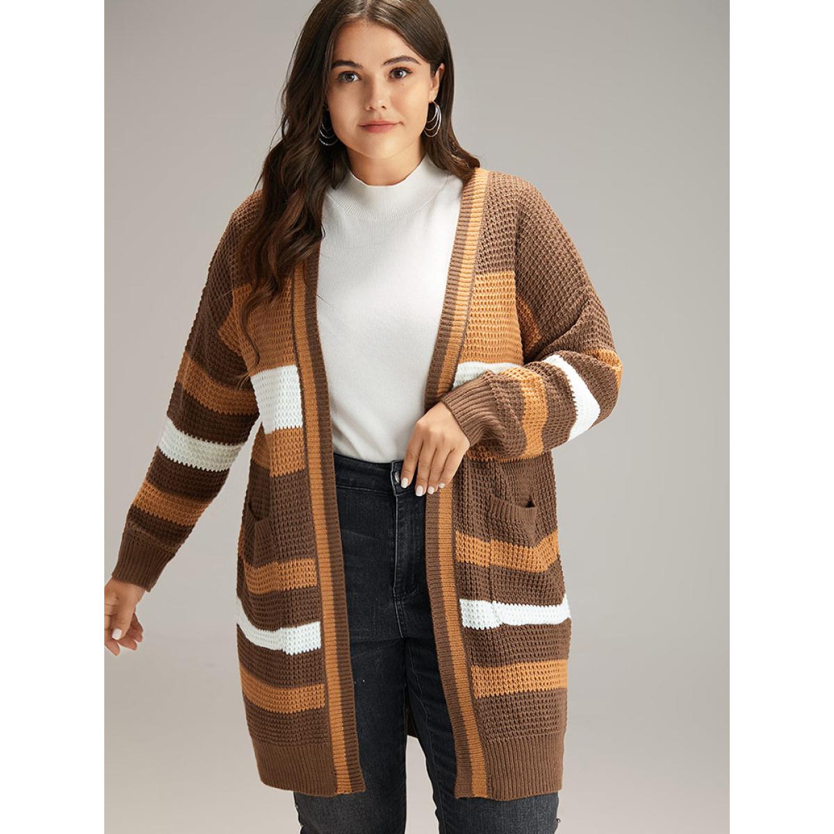 Plus Size Contrast Open Front Patched Pocket Tunic Cardigan Multicolor Women Casual Loose Long Sleeve Dailywear Cardigans BloomChic 26/4X Product Image