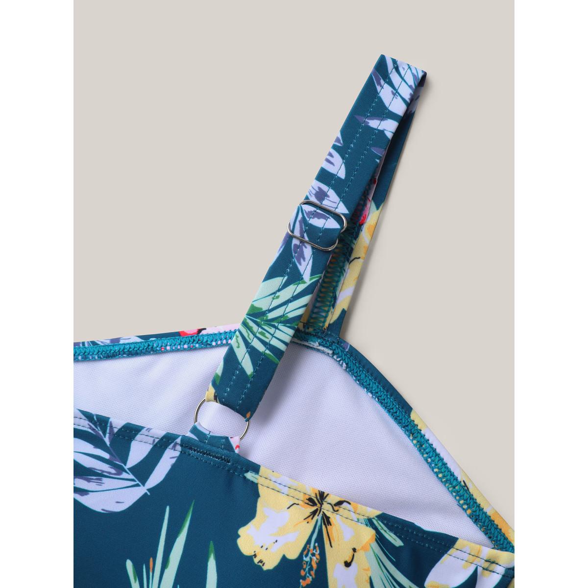 Plus Size Tropical Floral Print Twist Front Swim Dress Women's Swimwear Cyan Beach Bodycon Heart neckline High stretch Curve Swim Dresses BloomChic 28/5X Product Image