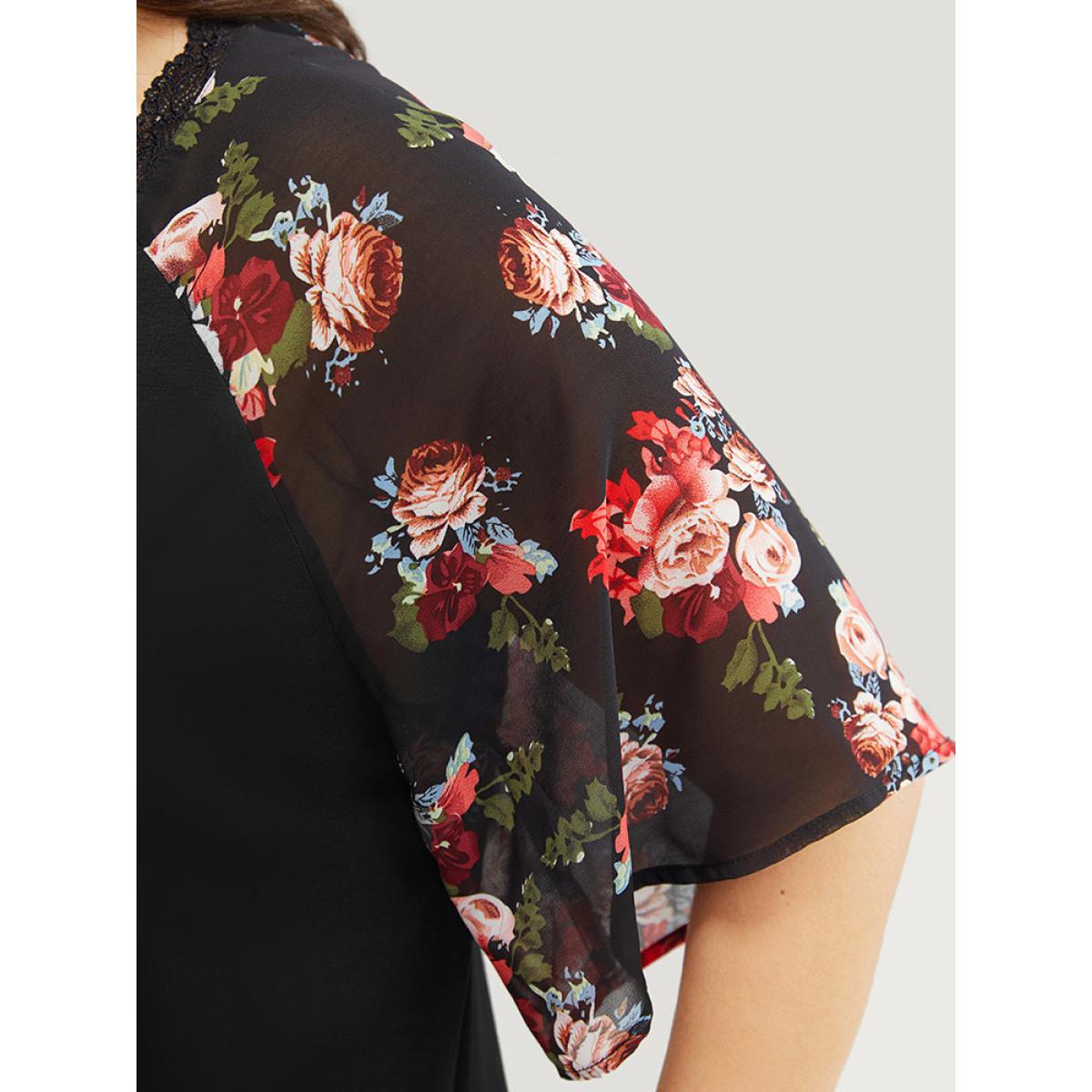 Plus Size Floral Raglan Sleeve Lace Trim Pocket Arc Hem Dress Black Women Casual Non V-neck Short sleeve Curvy Midi Dress BloomChic 14-16/1X Product Image