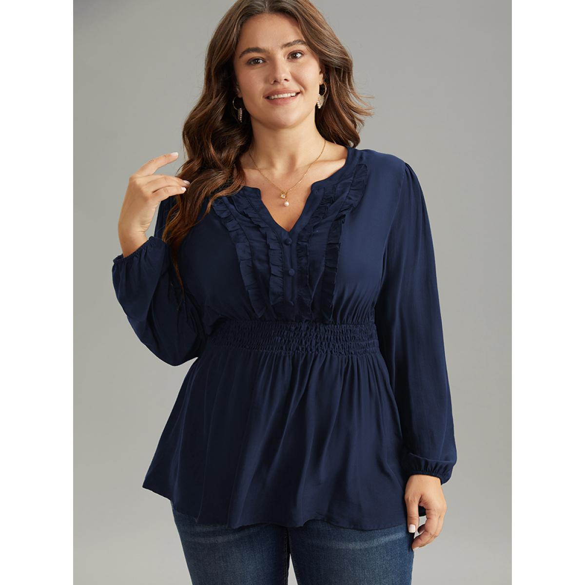 Plus Size Indigo Solid Frill Trim Shirred Flutter Hem Blouse Women Elegant Long Sleeve Notched collar Dailywear Blouses BloomChic 18-20/2X Product Image