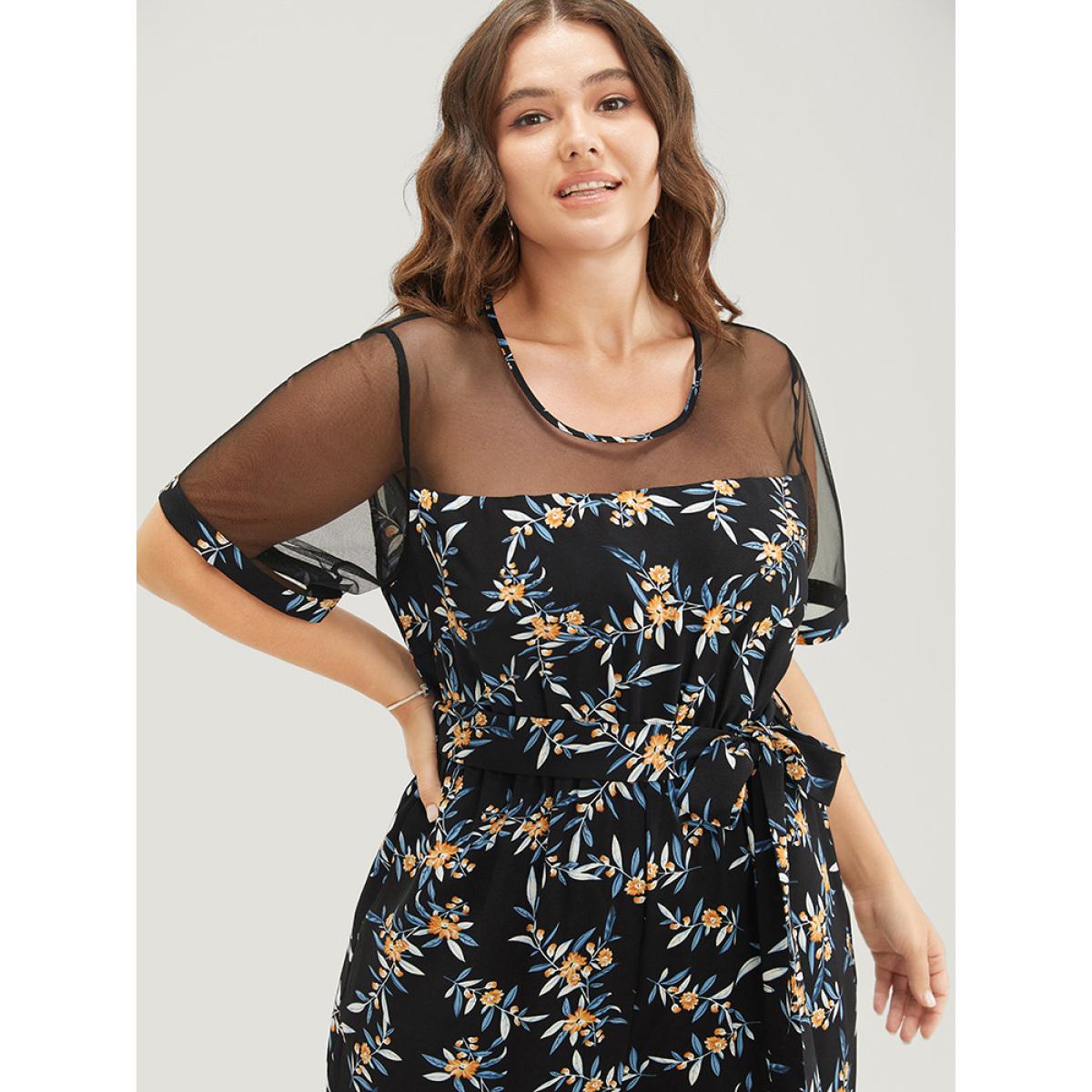 Plus Size Black Floral Mesh Patchwork Crew Neck Pocket Belted Jumpsuit Women Elegant Short sleeve Round Neck Dailywear Loose Jumpsuits BloomChic 22-24/3X Product Image