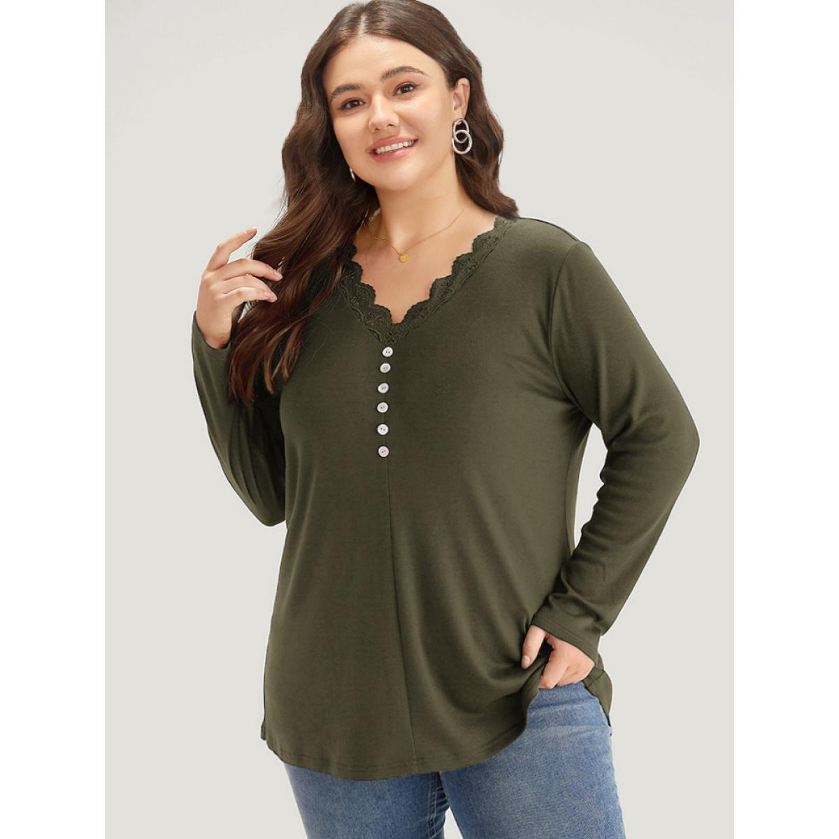 Plus Size Guipure Lace Patchwork V Neck Button Detail T-shirt ArmyGreen Women Elegant Printed Plain V-neck Dailywear T-shirts BloomChic 10/M Product Image