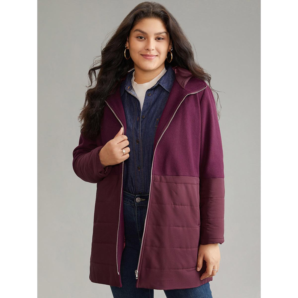 Plus Size Plain Patchwork Zipper Padded Hooded Coat Women Burgundy Casual Lined Ladies Dailywear Winter Coats BloomChic 30/6X Product Image