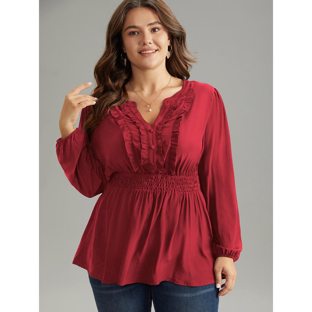 Plus Size Raspberry Solid Frill Trim Shirred Flutter Hem Blouse Women Elegant Long Sleeve Notched collar Dailywear Blouses BloomChic 22-24/3X Product Image